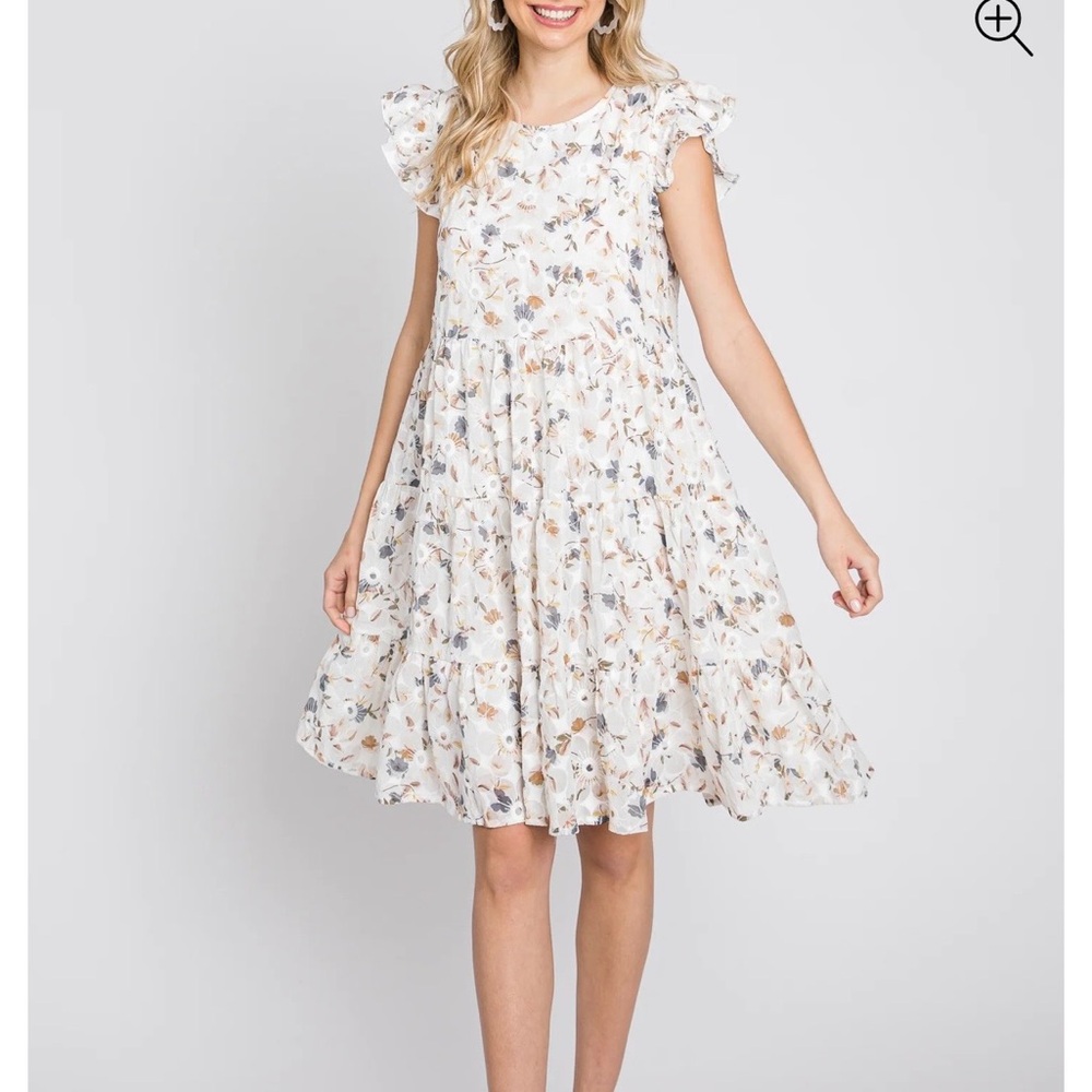 Ivory Floral Embroidered Tiered Maternity Dress